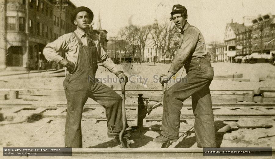 Postcard: Track workers at the Main Street crossing, Keene